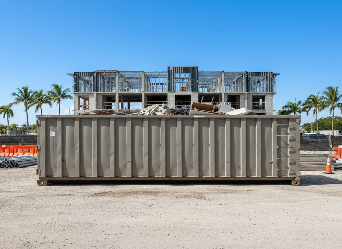 Contenedor roll-off grande en sitio de construcción con edificio en progreso
